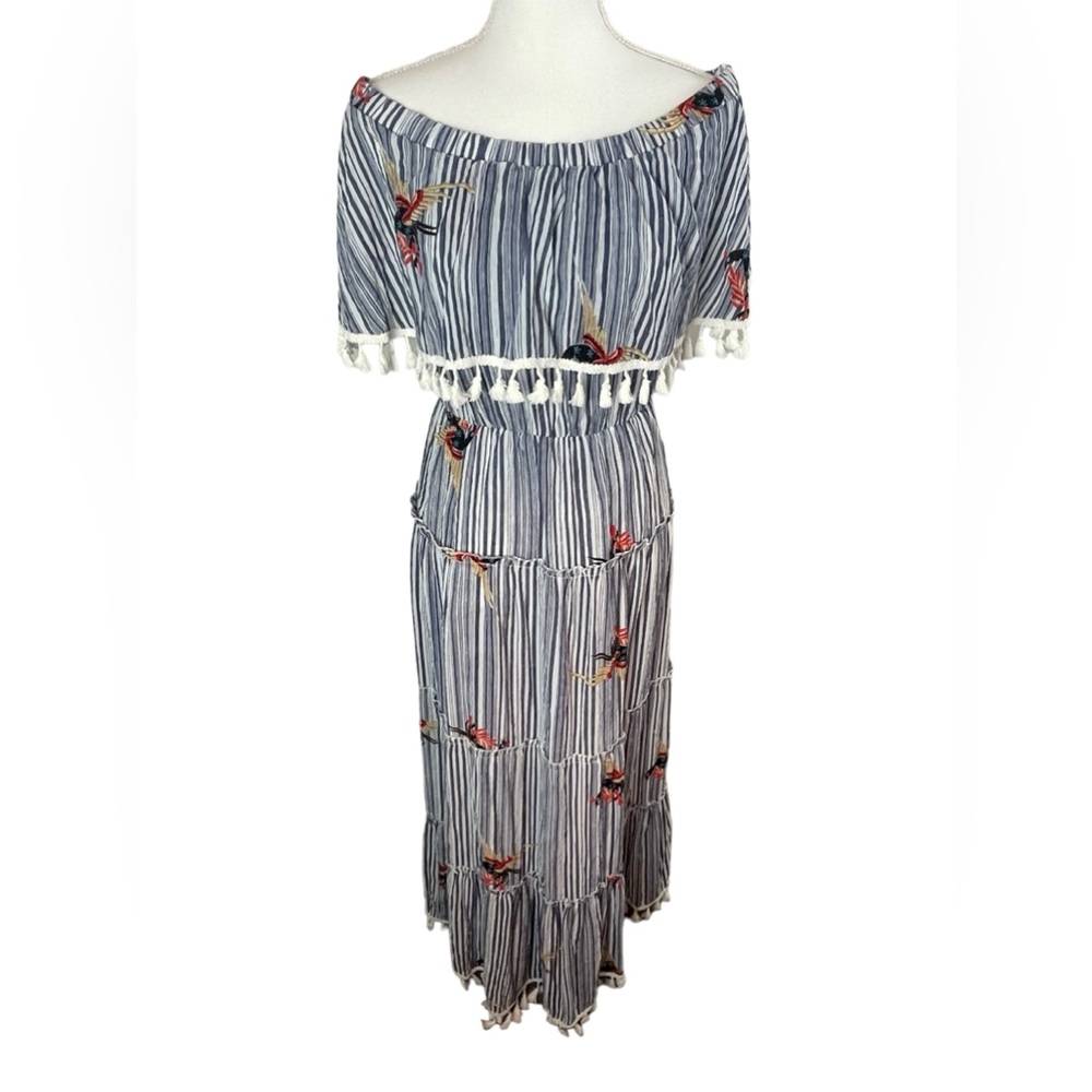 L’ATISTE by AMY Blue & White Off Shoulder tier Maxi Dress with fringe Tassles - Picture 6 of 17